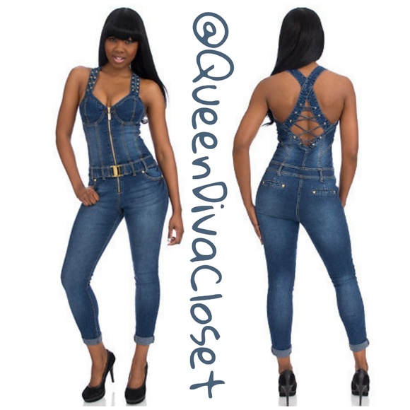 Belted corset bustier lace tie denim jean jumpsuit - Picture 5 of 5